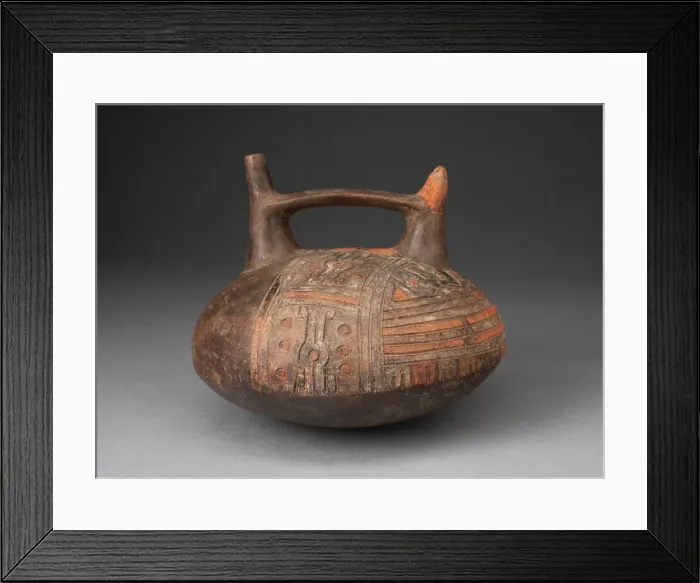Framed Print : Double Spout and Bridge Vessel Depicting Incised and Painted Abstract Feline Face Framed Print : Double Spout and Bridge Vessel Depicting Incised and Painted Abstract Feline Face