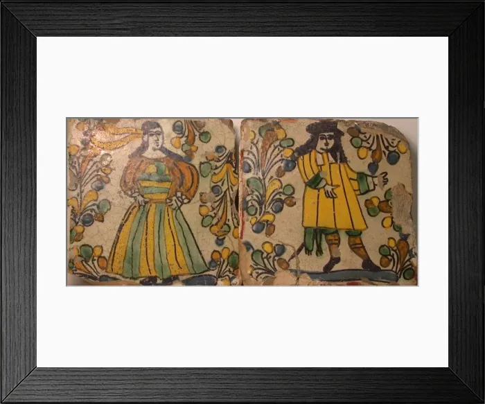 Framed Print : Polychrome Tiles Depicting Male and Female Figures in Contemporary Dress Surrounded Framed Print : Polychrome Tiles Depicting Male and Female Figures in Contemporary Dress Surrounded