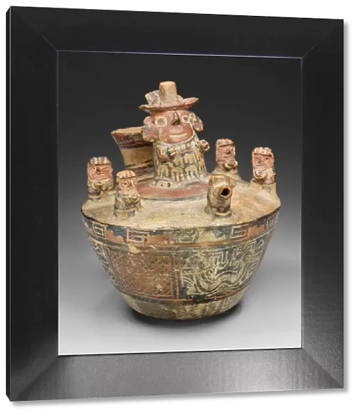 Spouted Bottle with Modeled Scene Depicting a Drinking Ceremony or Offering RItual, A. D