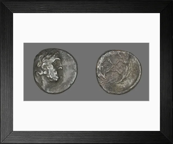 Framed Print : Hemidrachm (Coin) Depicting the God Zeus Amarios, 222-146 BCE. Creator: Unknown Framed Print : Hemidrachm (Coin) Depicting the God Zeus Amarios, 222-146 BCE. Creator: Unknown