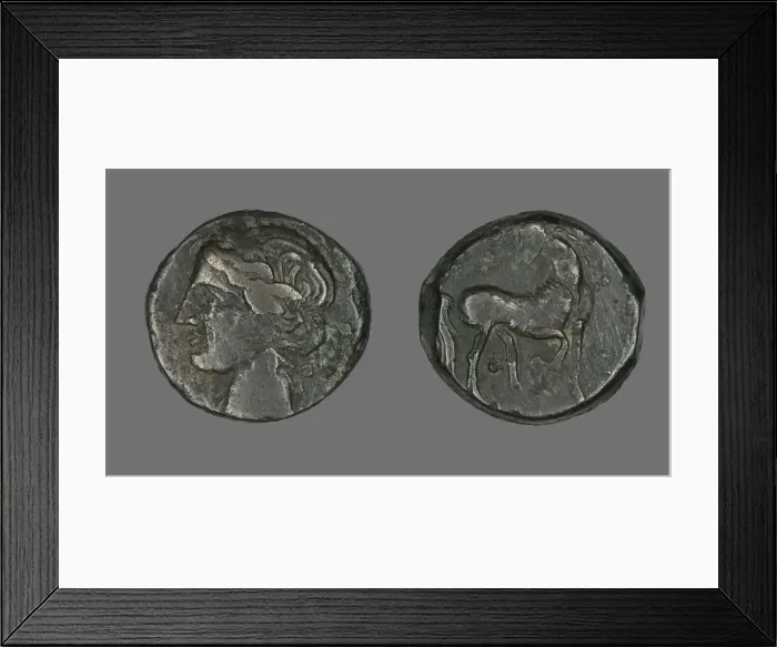 Framed Print : Coin Depicting the Goddess Persephone (?), about 241-146 BCE. Creator: Unknown Framed Print : Coin Depicting the Goddess Persephone (?), about 241-146 BCE. Creator: Unknown