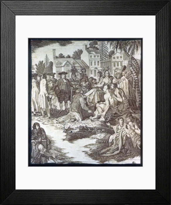 Framed Print : Penns Treaty with the Indians (Furnishing Fabric), London, c. 1785. Creator: Unknown Framed Print : Penns Treaty with the Indians (Furnishing Fabric), London, c. 1785. Creator: Unknown