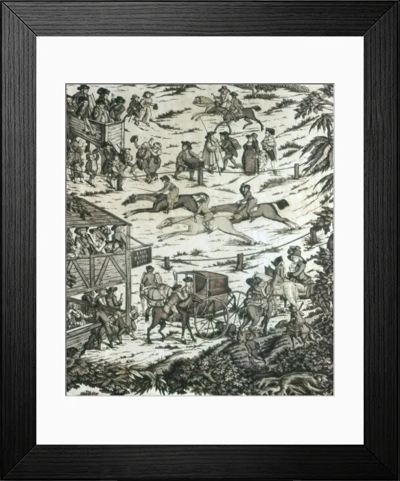 Framed Print : Horseracing at the Turf Inn (Furnishing Fabric), England, c. 1780. Creator: Unknown Framed Print : Horseracing at the Turf Inn (Furnishing Fabric), England, c. 1780. Creator: Unknown