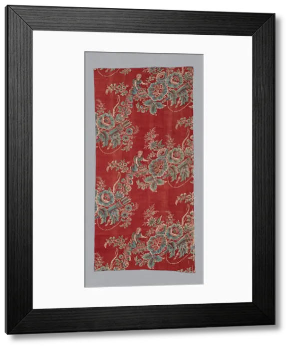 Framed Print : Eros Gathering Flowers (Furnishing Fabric), Bolbec, c. 1800. Creator: Unknown Framed Print : Eros Gathering Flowers (Furnishing Fabric), Bolbec, c. 1800. Creator: Unknown