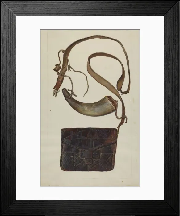 Framed Print : Bullet Pouch and Powder Horn, c. 1937. Creator: Cecil Smith Framed Print : Bullet Pouch and Powder Horn, c. 1937. Creator: Cecil Smith