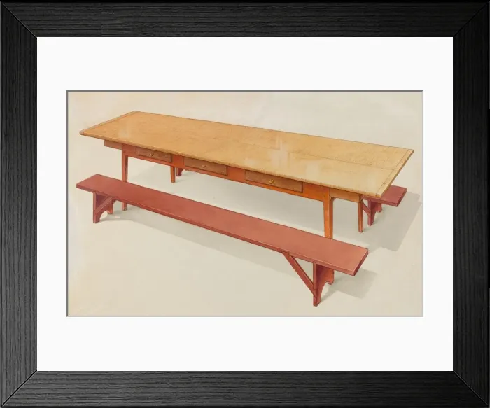 Framed Print : Shaker Refectory Table with Benches, c. 1936. Creator: Alfred H. Smith Framed Print : Shaker Refectory Table with Benches, c. 1936. Creator: Alfred H. Smith