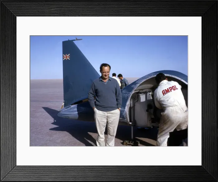 Framed Print : Donald Campbell in front of Bluebird CN7, Lake Eyre, Australia, 1964. Creator: Unknown Framed Print : Donald Campbell in front of Bluebird CN7, Lake Eyre, Australia, 1964. Creator: Unknown