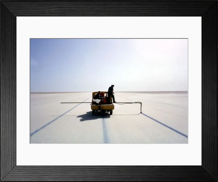 Framed Print : Marking the course for Bluebird CN7s World Land Speed record attempt, Lake Eyre Framed Print : Marking the course for Bluebird CN7s World Land Speed record attempt, Lake Eyre