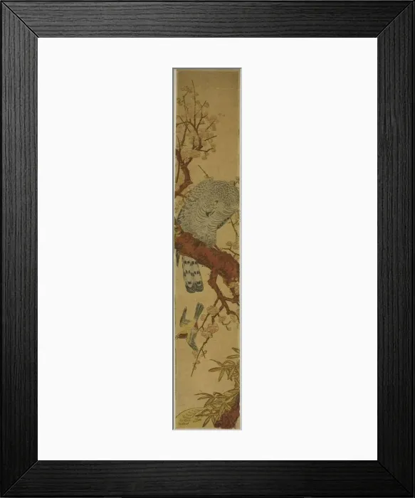 Framed Print : Hawk on Plum Branch Looking Down at Fleeing Bird, c. 1775. Creator: Isoda Koryusai Framed Print : Hawk on Plum Branch Looking Down at Fleeing Bird, c. 1775. Creator: Isoda Koryusai