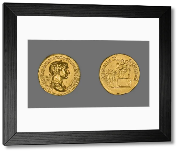 Framed Print : Aureus (Coin) Portraying Emperor Trajan, 114-115, issued by Trajan. Creator: Unknown Framed Print : Aureus (Coin) Portraying Emperor Trajan, 114-115, issued by Trajan. Creator: Unknown