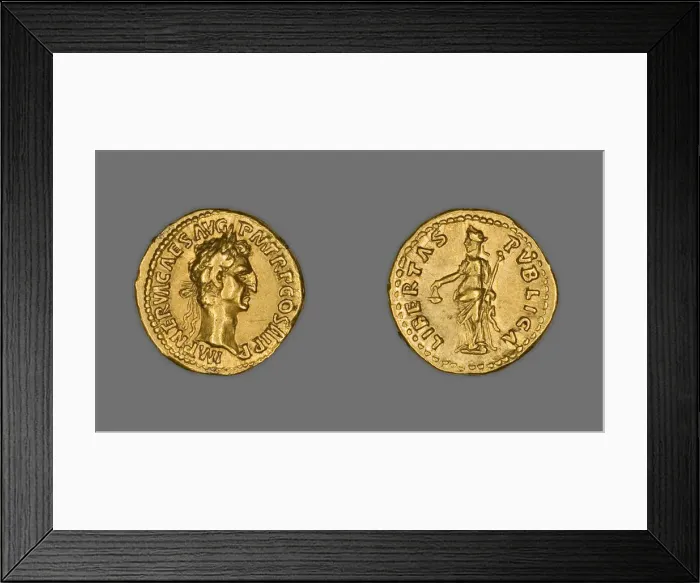 Framed Print : Aureus (Coin) Portraying Emperor Nerva, 97 CE, issued by Nerva. Creator: Unknown