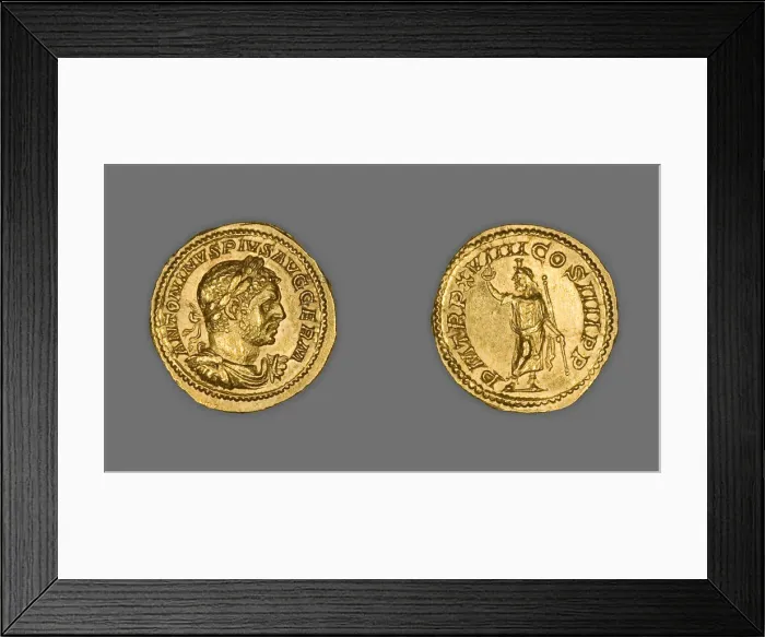 Framed Print : Aureus (Coin) Portraying Emperor Caracalla, 216, issued by Caracalla. Creator: Unknown Framed Print : Aureus (Coin) Portraying Emperor Caracalla, 216, issued by Caracalla. Creator: Unknown