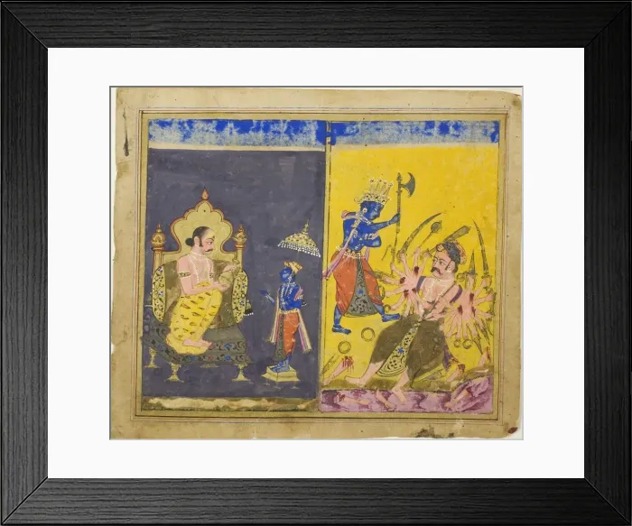 Framed Print : Krishnas Fifth and Sixth Avatars, page from a copy of the Gitagovinda of Jayaveda Framed Print : Krishnas Fifth and Sixth Avatars, page from a copy of the Gitagovinda of Jayaveda