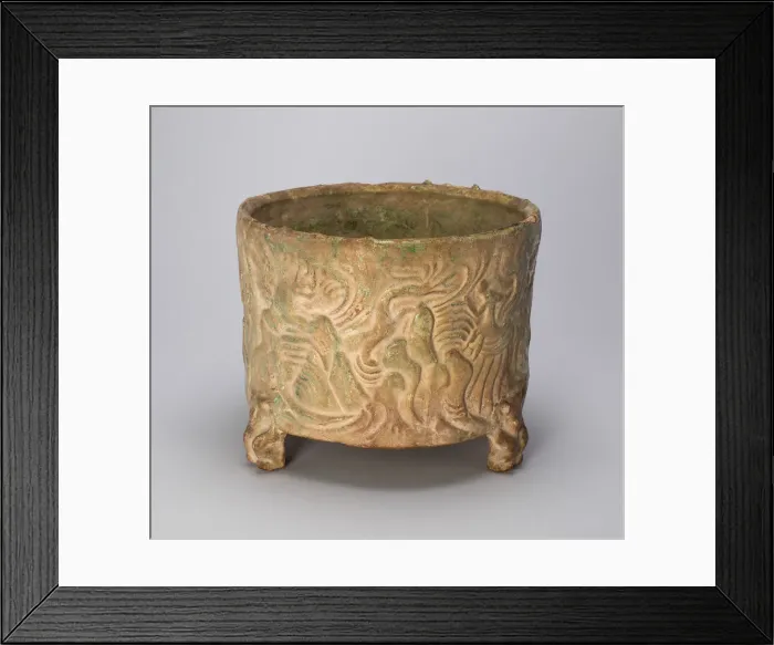 Framed Print : Tripod Cylindrical Jar (Lian or Zun) with Creatures Amid Hills... Eastern Han dynasty (A