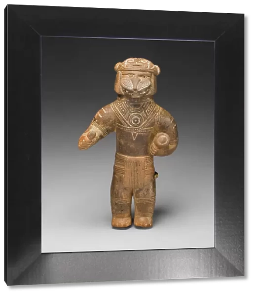 Masked Figurine Holding a Drum, Possibly a Ocarina (Whistle), c. A. D. 1300