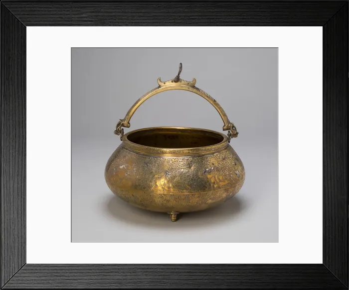 Framed Print : Bowl (Tas) with Attached Handles, Decorated with Horsemen and Solar Motif, 14th century Framed Print : Bowl (Tas) with Attached Handles, Decorated with Horsemen and Solar Motif, 14th century