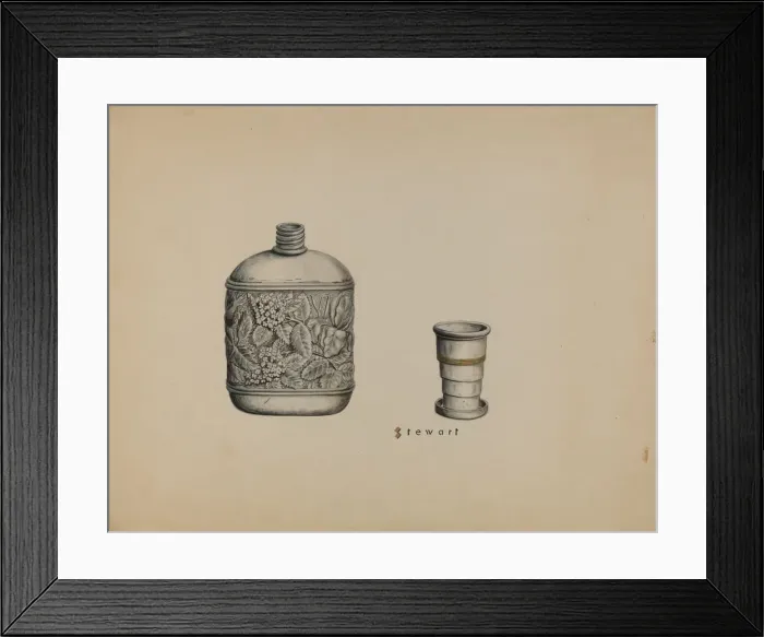 Framed Print : Silver Whiskey Flask, c. 1937. Creator: Robert Stewart