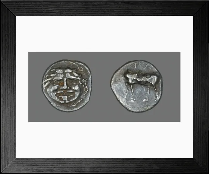 Framed Print : Hemidrachm (Coin) Depicting a Bull, about 400 BCE and later. Creator: Unknown Framed Print : Hemidrachm (Coin) Depicting a Bull, about 400 BCE and later. Creator: Unknown