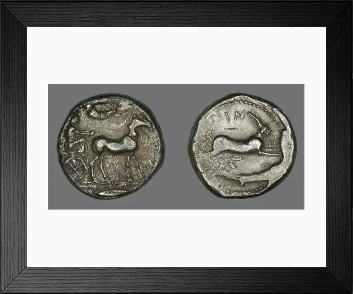 Framed Print : Tetradrachm (Coin) Portraying Biga with Mules, 484-476 BCE. Creator: Unknown Framed Print : Tetradrachm (Coin) Portraying Biga with Mules, 484-476 BCE. Creator: Unknown