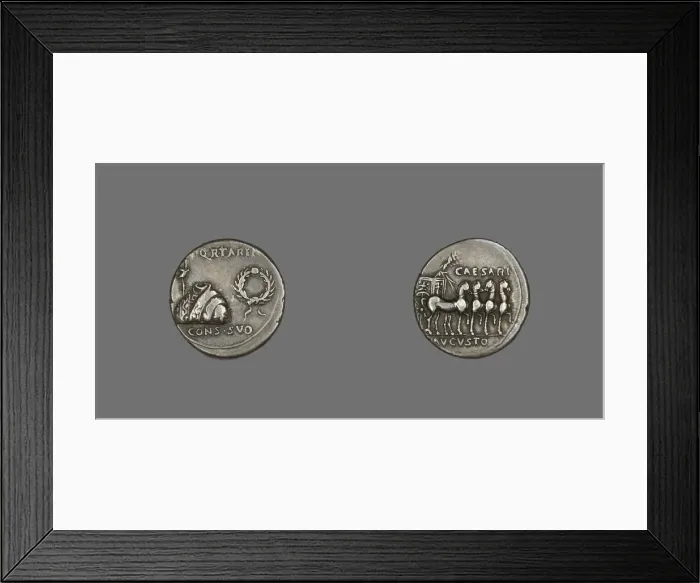 Framed Print : Coin Depicting a Toga, Tunic and Wreath, about 18 BCE. Creator: Unknown