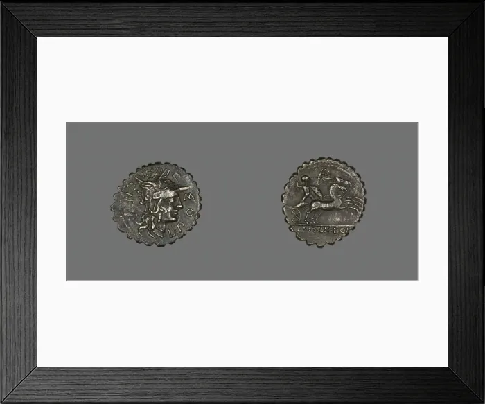 Framed Print : Denarius Serratus (Coin) Depicting the Goddess Roma, 118 BCE. Creator: Unknown Framed Print : Denarius Serratus (Coin) Depicting the Goddess Roma, 118 BCE. Creator: Unknown