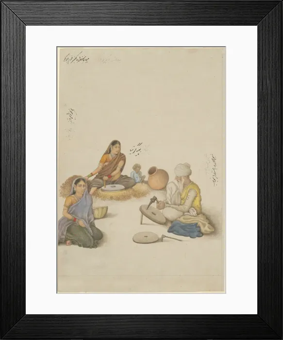 Framed Print : Villagers Grinding Corn, page from the Fraser Album, Company School, c. 1820 Framed Print : Villagers Grinding Corn, page from the Fraser Album, Company School, c. 1820