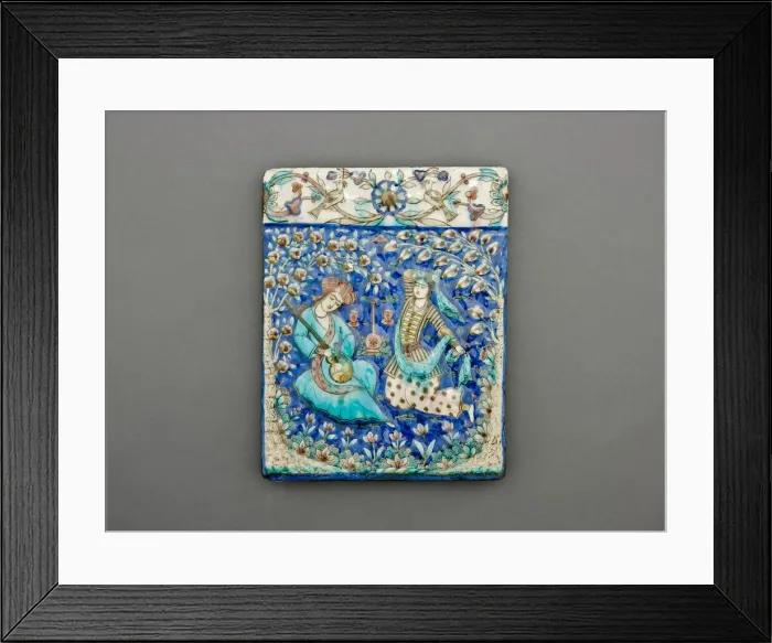 Framed Print : Rectangular Tile with Musician and Dancer, Qajar dynasty (1796-1925), 19th century Framed Print : Rectangular Tile with Musician and Dancer, Qajar dynasty (1796-1925), 19th century