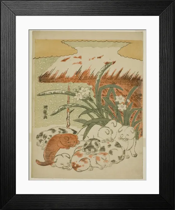 Framed Print : Puppies in the Snow, c. 1773. Creator: Isoda Koryusai Framed Print : Puppies in the Snow, c. 1773. Creator: Isoda Koryusai