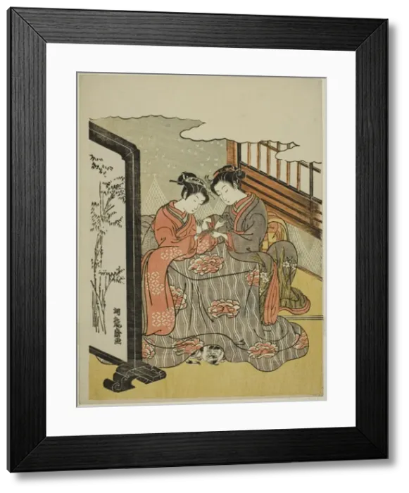 Framed Print : Two Young Women Playing Cats Cradle, c. 1769. Creator: Isoda Koryusai