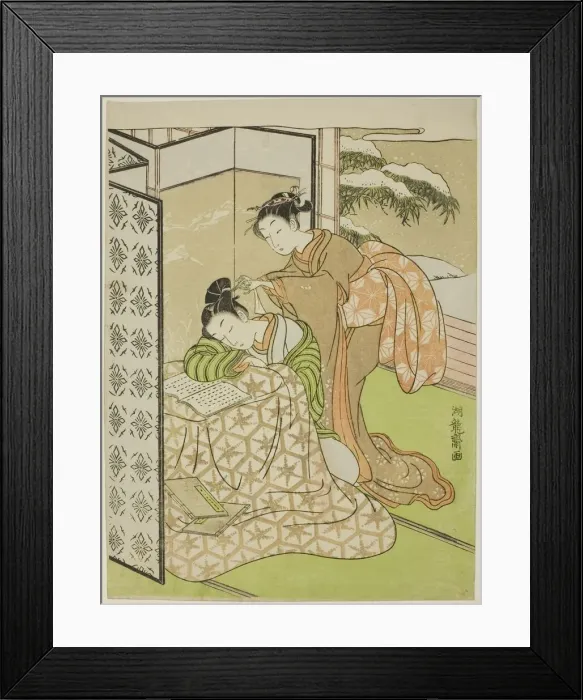 Framed Print : Girl Playing a Prank on a Young Man who is Napping, c. 1769. Creator: Isoda Koryusai Framed Print : Girl Playing a Prank on a Young Man who is Napping, c. 1769. Creator: Isoda Koryusai