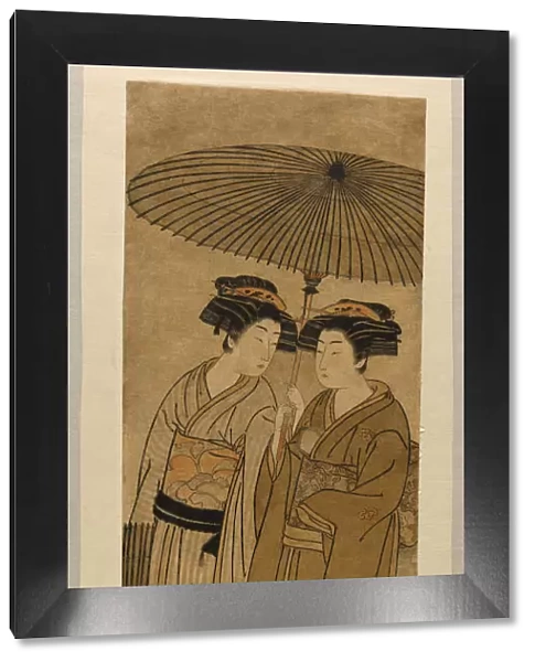 Two Young Women Walking Under an Umbrella, c. 1777. Creator: Isoda Koryusai