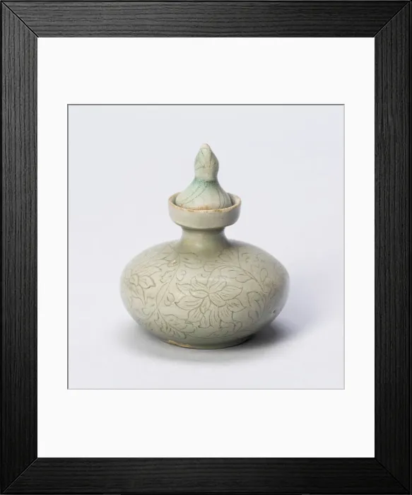 Framed Print : Covered Oil Bottle with Peony Sprays, Korean Peninsula, Goryeo dynasty (918-1392) Framed Print : Covered Oil Bottle with Peony Sprays, Korean Peninsula, Goryeo dynasty (918-1392)