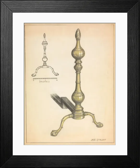 Framed Print : Andiron (one of pair), c. 1936. Creator: Jack Staloff Framed Print : Andiron (one of pair), c. 1936. Creator: Jack Staloff