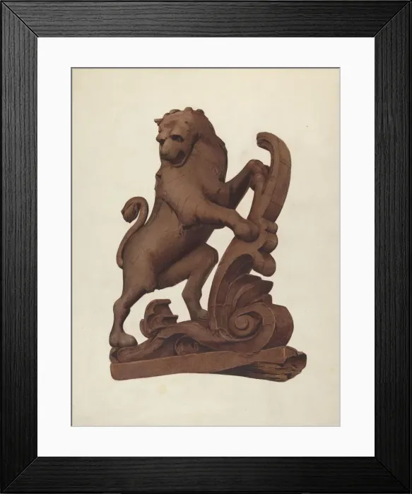 Framed Print : Woodcarving of a Lion, c. 1937. Creator: Alice Stearns Framed Print : Woodcarving of a Lion, c. 1937. Creator: Alice Stearns