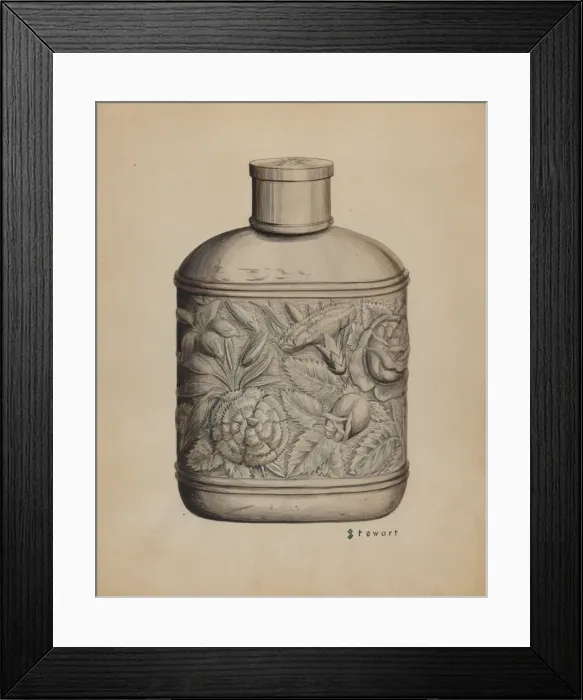 Framed Print : Silver Whiskey Flask, c. 1937. Creator: Robert Stewart