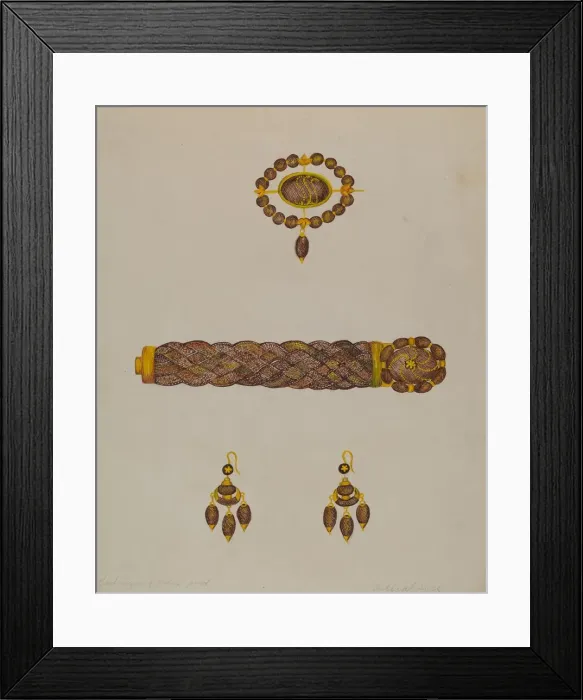 Framed Print : Hair Bracelet, Earrings, and Brooch, c. 1936. Creator: Florence Stevenson Framed Print : Hair Bracelet, Earrings, and Brooch, c. 1936. Creator: Florence Stevenson