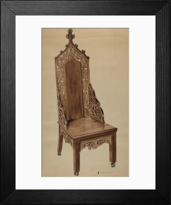 Framed Print : Chair with Carved Grape Leaf Decoration and Gothic Top, c. 1937. Creator: Robert Stewart Framed Print : Chair with Carved Grape Leaf Decoration and Gothic Top, c. 1937. Creator: Robert Stewart