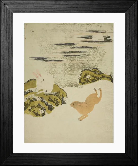Framed Print : Hares Playing in Surf on a Moonlit Night, c. 1771. Creator: Isoda Koryusai Framed Print : Hares Playing in Surf on a Moonlit Night, c. 1771. Creator: Isoda Koryusai