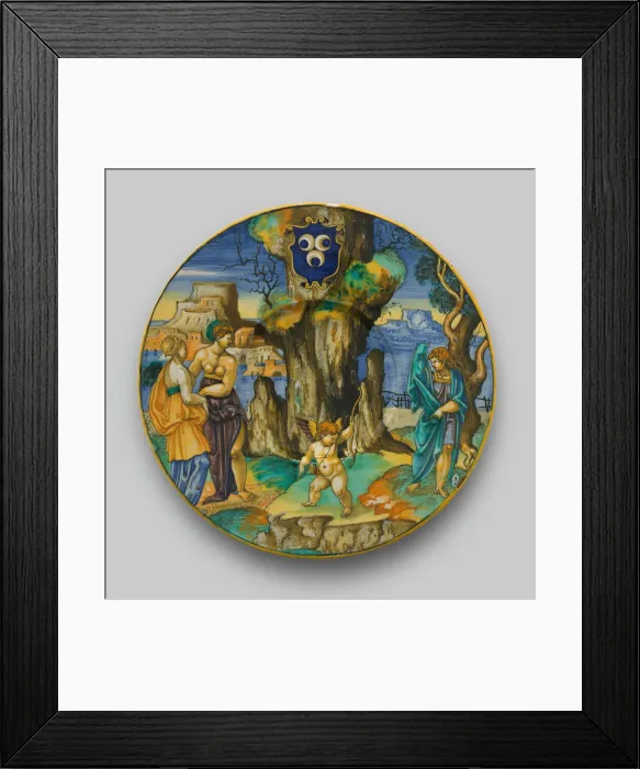 Framed Print : Plate with Narcissus, Echo, Cupid, Urbino, c. 1530. Creator: Francesco Xanto Avelli Framed Print : Plate with Narcissus, Echo, Cupid, Urbino, c. 1530. Creator: Francesco Xanto Avelli