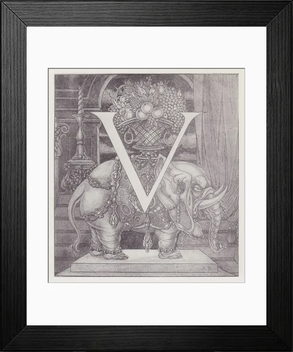 Framed Print : Initial Letter V (Elephant) to Volpone, 1898. Creator: Aubrey Beardsley Framed Print : Initial Letter V (Elephant) to Volpone, 1898. Creator: Aubrey Beardsley