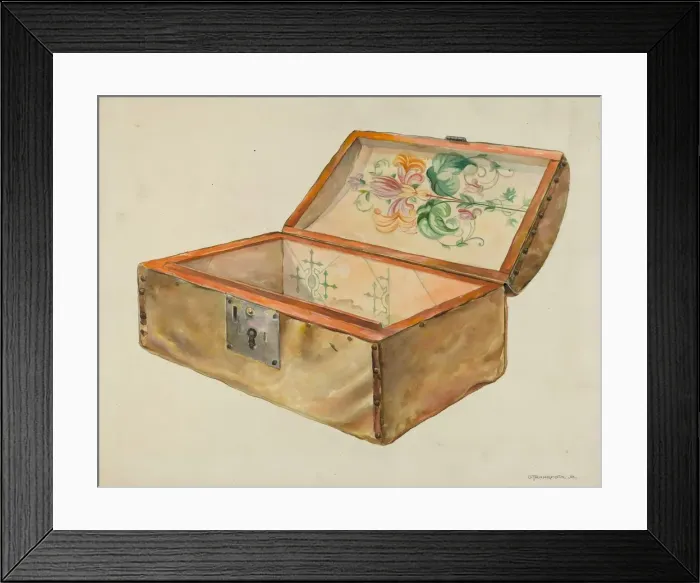 Framed Print : Rawhide Chest, with Lock (Inside View), 1937. Creator: Gerald Transpota
