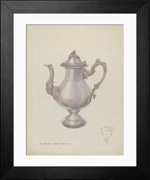 Framed Print : Silver Coffee Pot, c. 1937. Creator: Ernest A Towers Jr Framed Print : Silver Coffee Pot, c. 1937. Creator: Ernest A Towers Jr