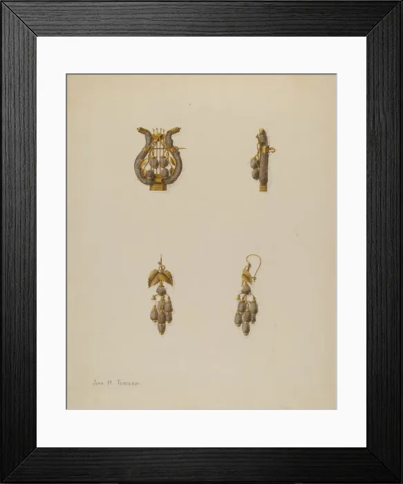 Framed Print : Brooch and Earrings, c. 1938. Creator: John H. Tercuzzi Framed Print : Brooch and Earrings, c. 1938. Creator: John H. Tercuzzi