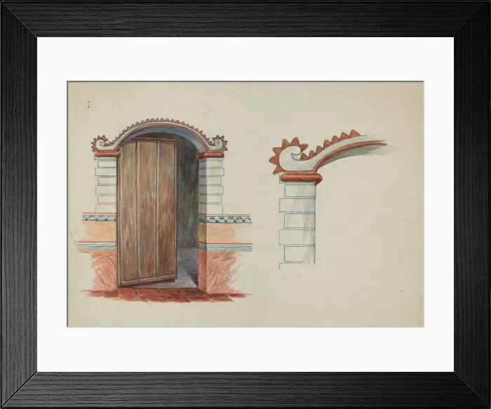 Framed Print : Restoration Drawing: Wall Decoration Over Doorway, Facade of Mission House, c. 1937 Framed Print : Restoration Drawing: Wall Decoration Over Doorway, Facade of Mission House, c. 1937