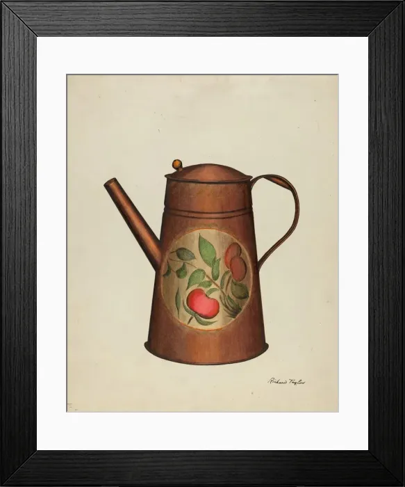 Framed Print : Toleware Coffee Pot, c. 1940. Creator: Richard Taylor Framed Print : Toleware Coffee Pot, c. 1940. Creator: Richard Taylor