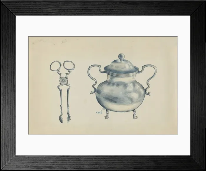 Framed Print : Silver Sugar Bowl and Tongs, c. 1936. Creator: Margaret Stottlemeyer Framed Print : Silver Sugar Bowl and Tongs, c. 1936. Creator: Margaret Stottlemeyer
