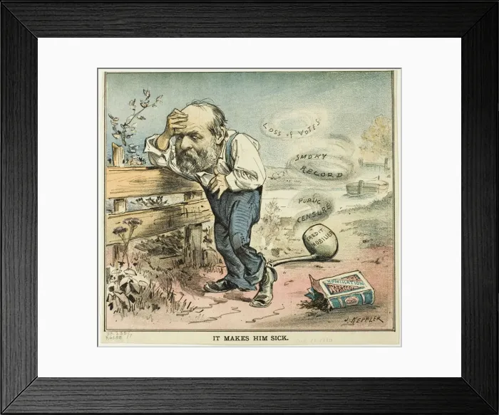 Framed Print : It Makes Him Sick, from Puck, published August 18, 1880. Creator: Joseph Keppler Framed Print : It Makes Him Sick, from Puck, published August 18, 1880. Creator: Joseph Keppler