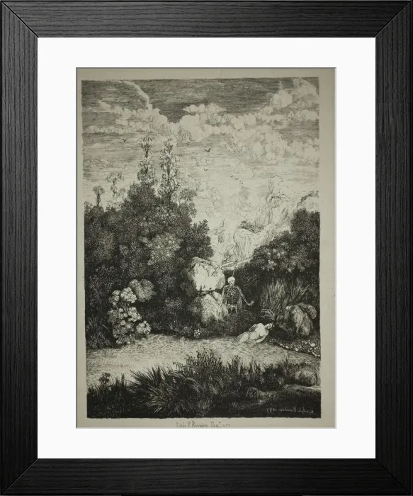 Framed Print : Bathing Woman and Death, 1857. Creator: Rodolphe Bresdin Framed Print : Bathing Woman and Death, 1857. Creator: Rodolphe Bresdin