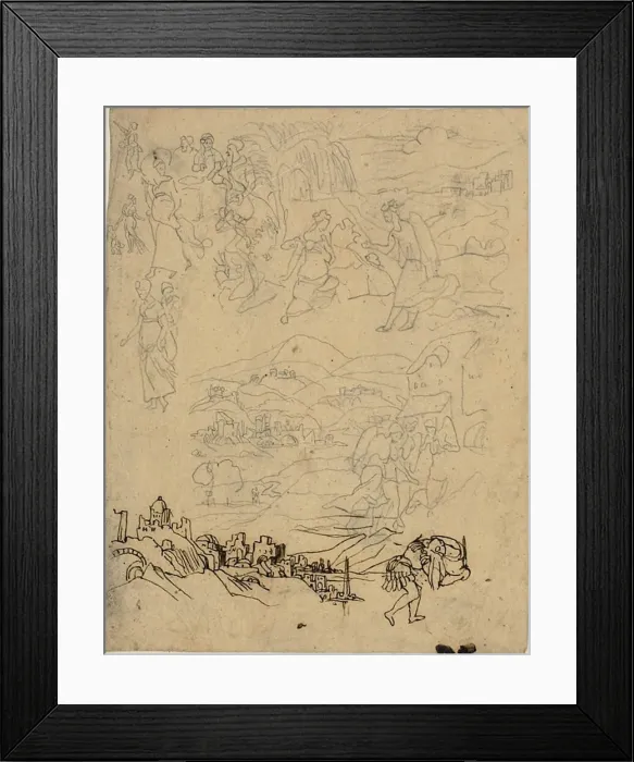 Framed Print : Sketches of Biblical Scenes, Town by Lake, Mountain Village, Warrior, n. d