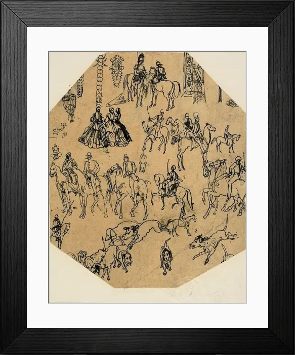 Framed Print : Sheet of Sketches: Hounds, Riders, Ladies. Architectural Elements, Insects, n. d Framed Print : Sheet of Sketches: Hounds, Riders, Ladies. Architectural Elements, Insects, n. d